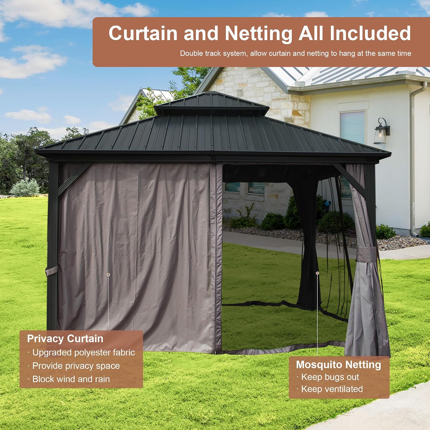 12' x 12' Hardtop Gazebo, Outdoor Aluminum Gazebo with Galvanized Steel Double Roof Canopy, Outdoor Permanent Metal Pavilion with Curtains and Netting for Patio, Backyard and Lawn, Dark Grey