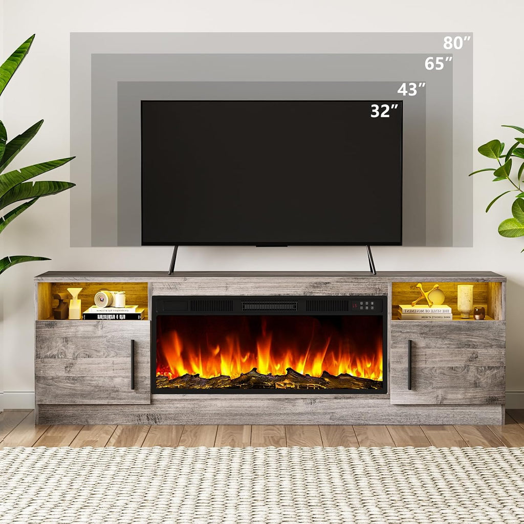 Tavata Fireplace TV Stand Entertainment Center with 36' Fireplace, 70' Wooden TV Console for TVs Up to 80', Modern TV Stands for Living Room with High Gloss Storage Cabinet and LED Lights (Grey)