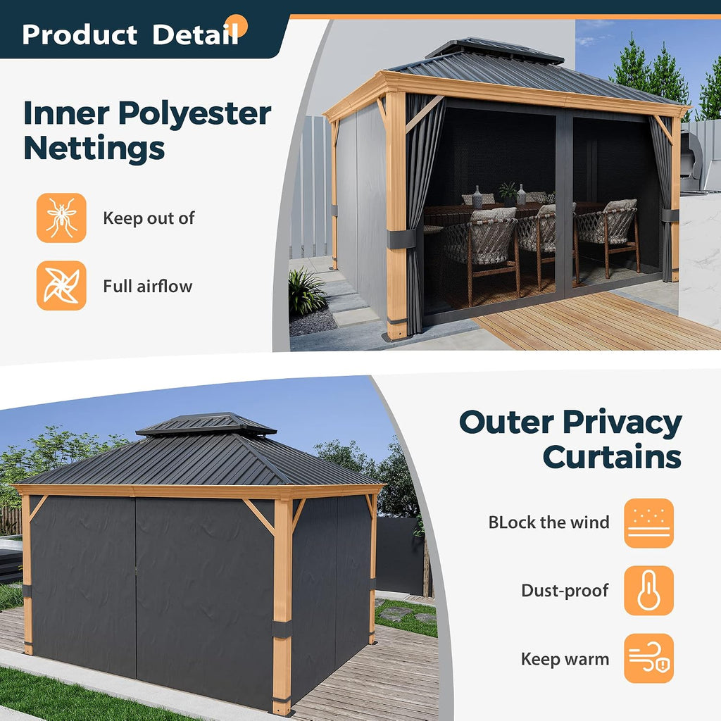 HAPPATIO 10' x 12' Hardtop Gazebo, Outdoor Wood Grain Frame Aluminum Gazebo, Double Roof Permanent Patio Canopy with Netting and Curtains for Garden, Patio, Lawns, Parties (Grey)