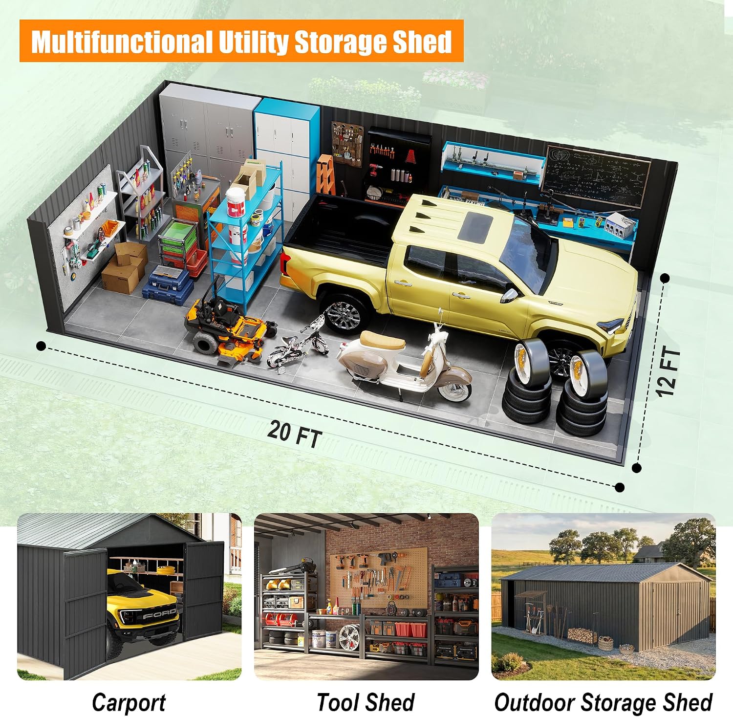 Domi 12x20FT Outdoor Metal Garage Shed, Extra Large Metal Carport with Lockable Double Hinged Doors, Heavy Duty Car Shelter for Car, Truck, Motorcycle and Lawn Equipment, Dark Grey
