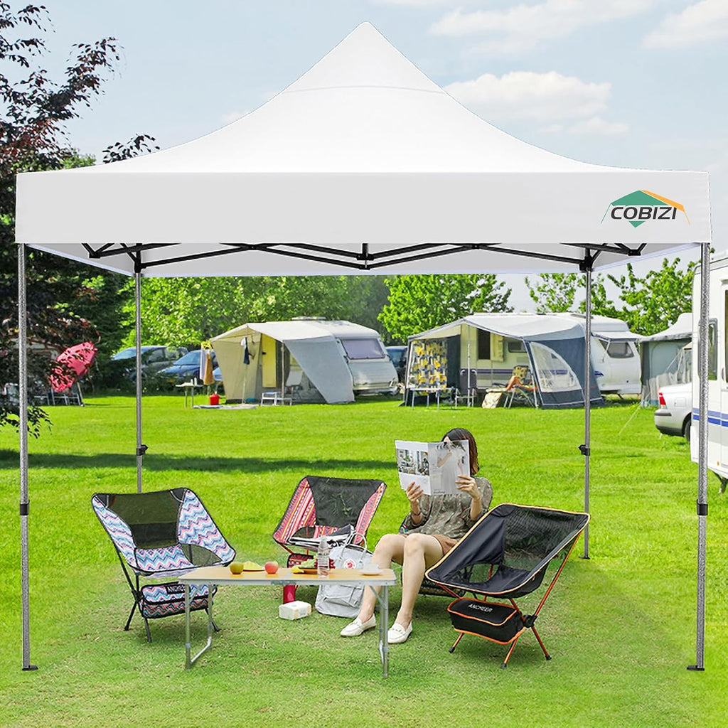 COBIZI 10x10 Pop Up Canopy Without Sidewall,Heavy Duty Canopy UPF 50+ All Season Wind Waterproof Commercial Outdoor Wedding Party Tents for Parties Canopy Gazebo with Carry Bag(10 x 10 ft White)