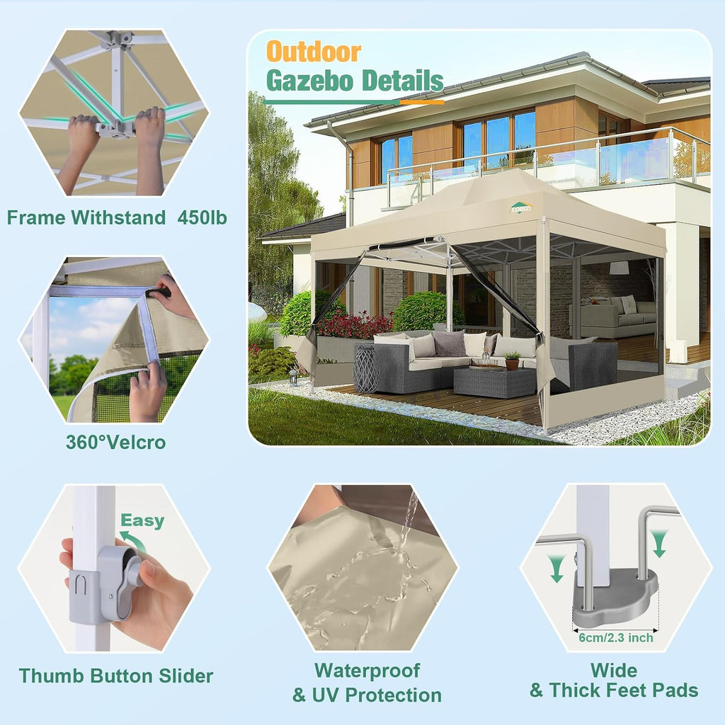 COBIZI 10x15 Canopy Tent, Heavy Duty Pop up Canopy with Sidewalls, Waterproof Easy Setup Canopy with Mosquito Netting, Outdoor Instant Screen Tents for Parties, Wedding, Backyard with Carry Bag, Khaki