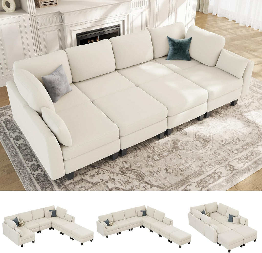 Sectional Sleeper Sofa, 8 Seaters Modular Sleeper Sofa Couch, Comfy Sectionals Couches Bed, Convertible Sofas with Ottomans, Modular Sectional Couches for Living Room, Beige