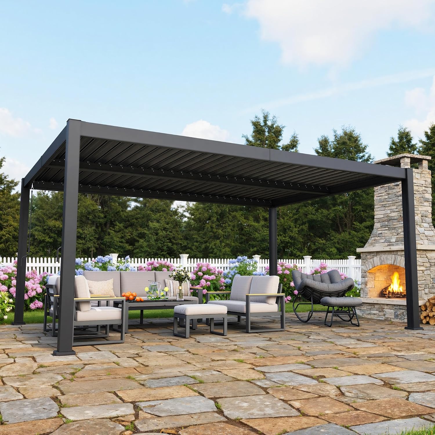 Kiss the Water Louvered Pergola 12'x16', Patio Outdoor Pergola with Adjustable Rainproof Roof and Gutter System, Metal Hardtop Gazebo for Patio, Deck, Garden, Yard, Dark Gray