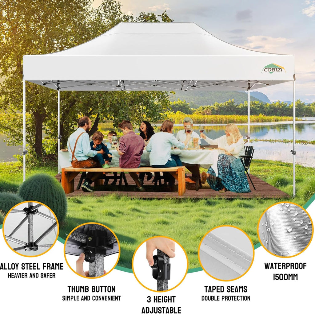 COBIZI 10x15 Heavy Duty Pop Up Canopy Tent with 4 Sidewalls Thicken Frame, Commercial Easy Up Outdoor Wedding Party Tents, All Season Waterproof Windproof with Stakes Sandbags Ropes Bag, White