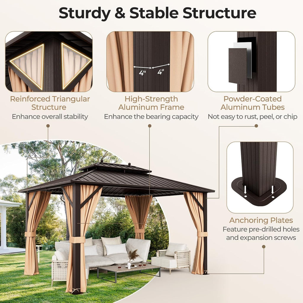 Tangkula 10x13 FT Hardtop Gazebo, Patio Gazebo with Galvanized Steel Double Roof & Aluminum Frame, Permanent Pavilion Outdoor Gazebo with Netting & Curtains for Patio, Garden, Lawn, Backyard, Deck