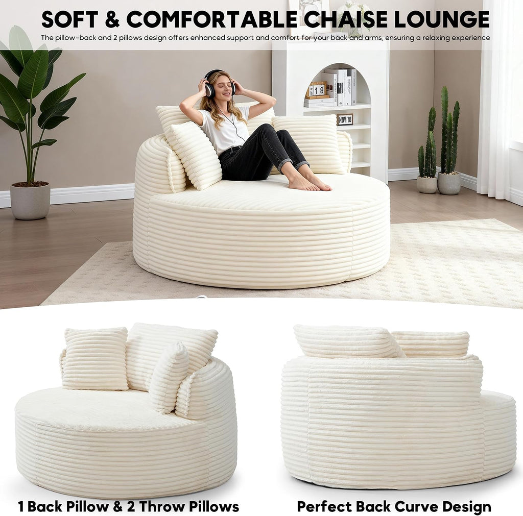 Oversized Round Chair Lounge Chaise Indoor, 53.5' Upholstered Corduroy Deep Seat Single Cloud Sofa Chair, Fluffy Modern Large Circle Boneless Sleeper Sofa for Living Room, Bedroom, Beige White