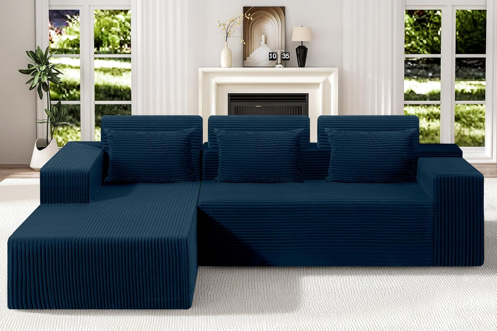 Homguava Modular Sectional Couches for Living Room,105' Cloud Couch with L-Shape Chaise,Comfy Sofa Living Room Sofas with Deep Seat,No Assembly L Couch,Corduroy Fabric(Blue,L)