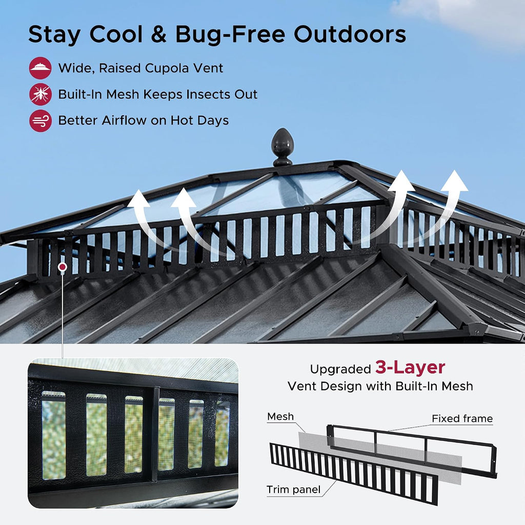 SUNJOY Kingston 12' x 10' Hardtop Wood Gazebo with Galvanized Steel/Polycarbonate Double Roof, Curtain and Netting, Cedar Posts Permanent Pavilion Gazebo for Garden, Patio, Deck, Lawn
