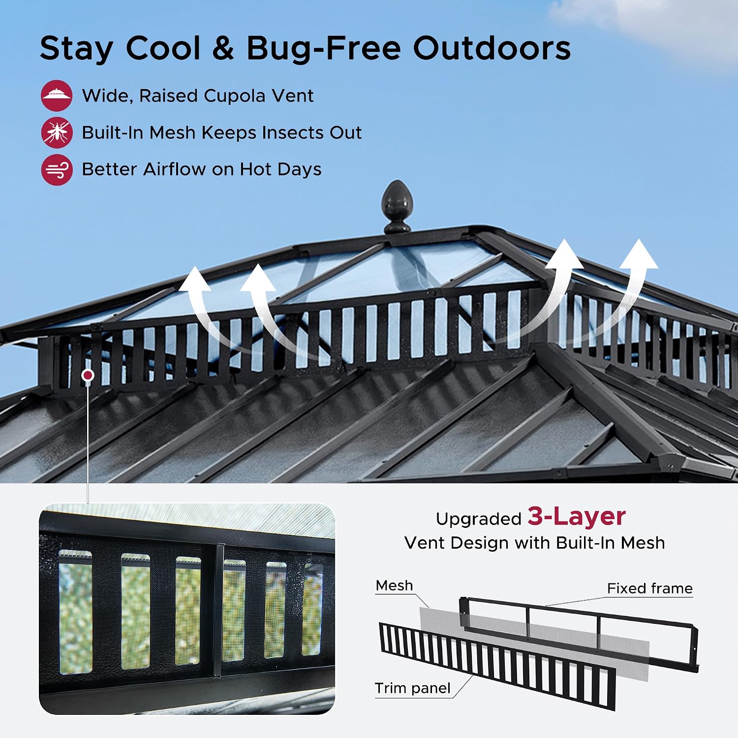 SUNJOY Kingston 12' x 10' Hardtop Wood Gazebo with Galvanized Steel/Polycarbonate Double Roof, Curtain and Netting, Cedar Posts Permanent Pavilion Gazebo for Garden, Patio, Deck, Lawn