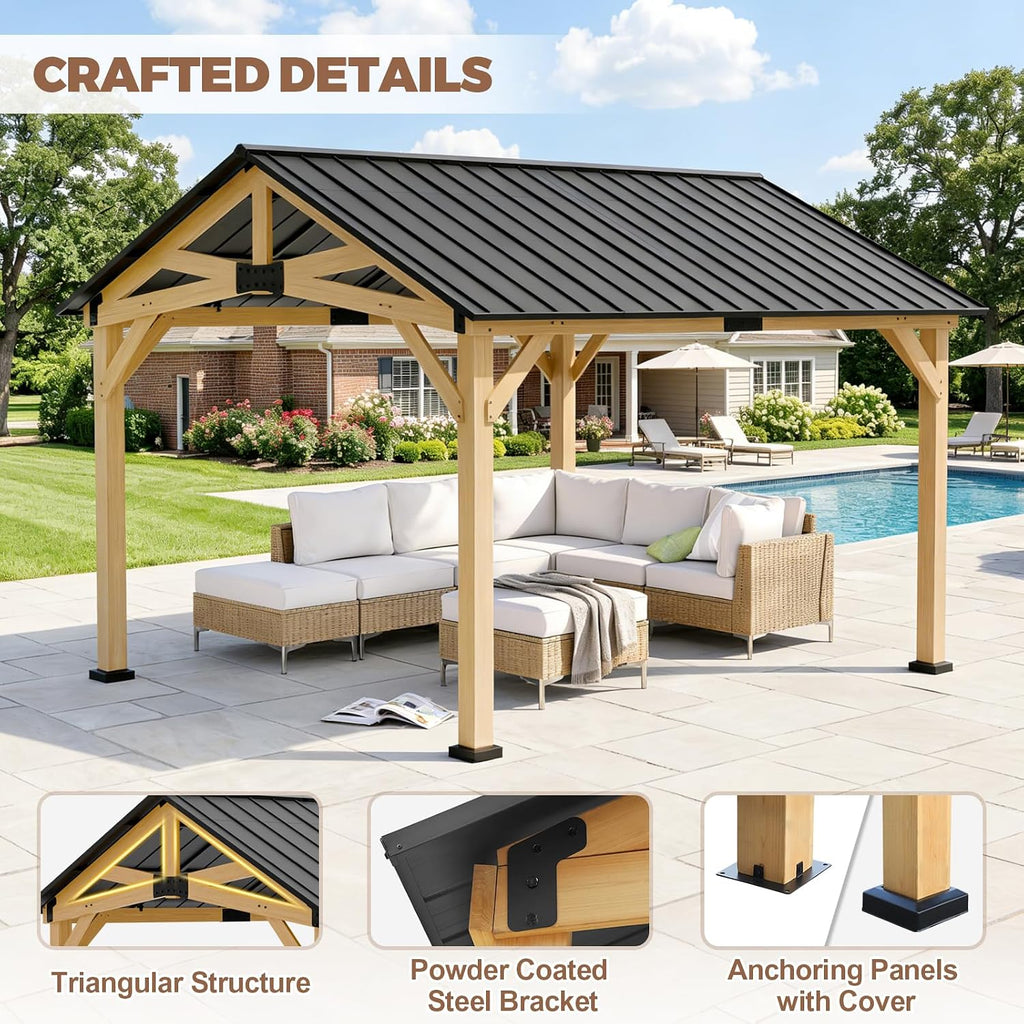 11x13 Hardtop Gazebo, Galvanized Steel Gable Roof Exposed Beam A-Frame Outdoor Pavilion with Cedar Wood Frame, Patio Gazebo for Deck, Garden, Lawn, Natural Wood/Black