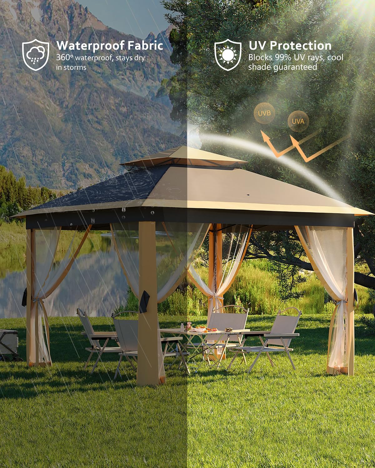 11x11ft Pop Up Gazebo Tent with Mosquito Netting, Outdoor Canopy Shelter Easy Setup, Water & UV Resistant - Khaki