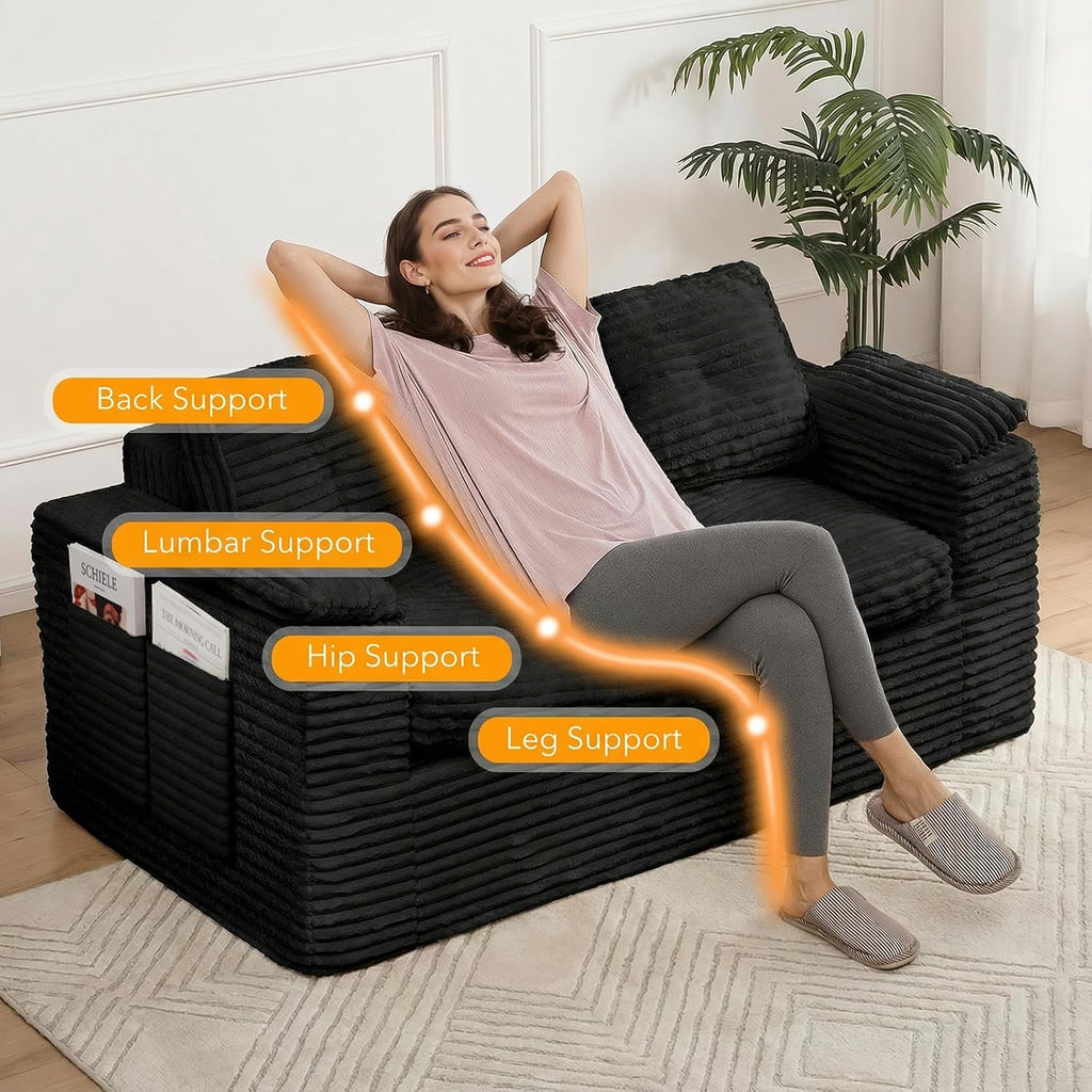 Boneless Loveseat Sofa, 60in Cloud Couch Sofa for Living Room 2 Seater Modern Lounge Sleeper Couch with Removable Cover Corduroy with Armrest, Seat Cushion & Pillows for Small Spaces, Black