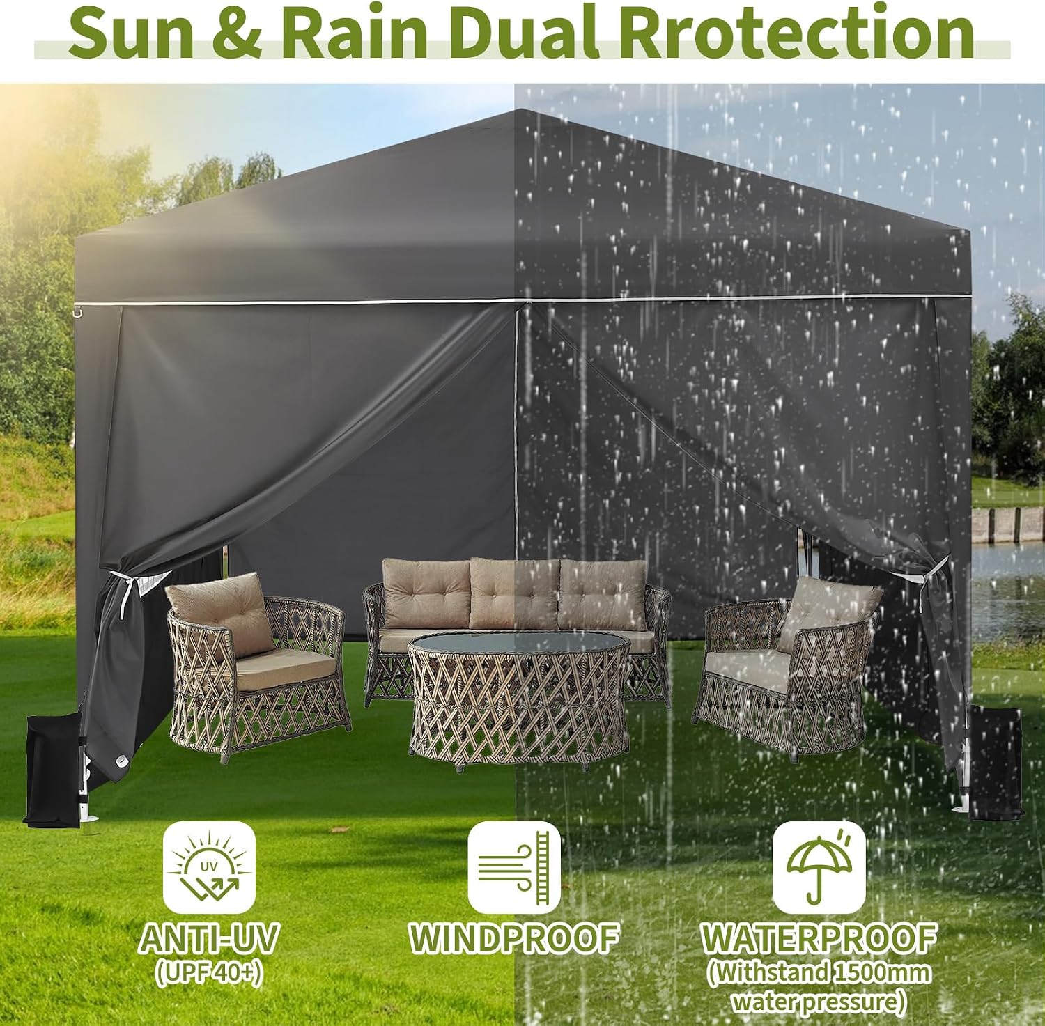 Garvee 10X10 Ft Instant Pop-Up Canopy Tent with 4 Sidewalls, Waterproof Portable Gazebo Shelter for Outdoor Camping, Beach, Backyard Parties & Events, Grey