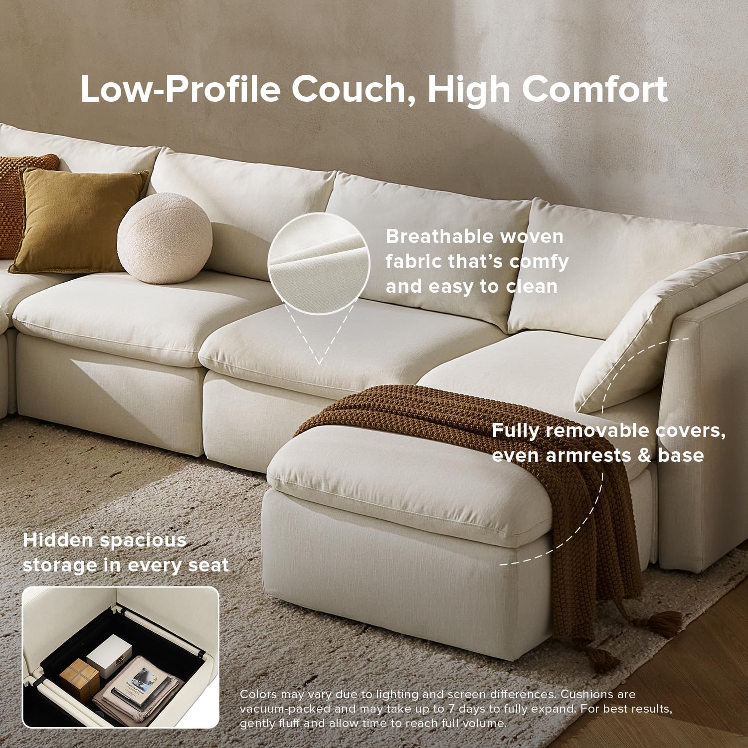 mopio Oversized Modular Sectional Sofa with Fully Removable Covers and Storage, Convertible U, L-Shaped and Sleeper Sectional, Modern Couches with Ottoman Chaise (Oat Fabric, 3 Seater)