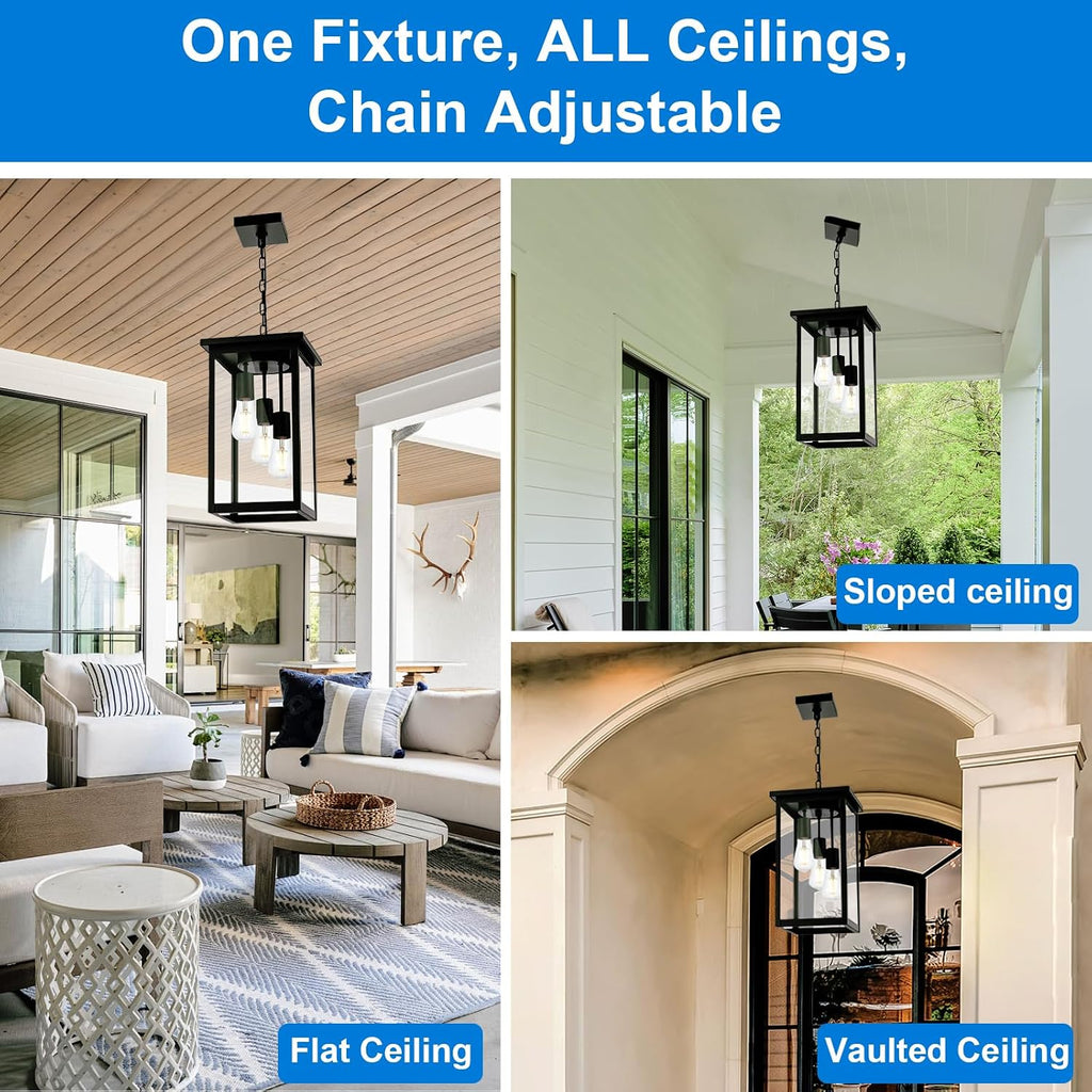 17'' Large Outdoor Pendant Light, 3-Lights Matte Black Exterior Hanging Lantern with Clear Glass, Outdoor Chandelier Ceiling Light Fixture for Porch, Patio, Gazebo, Entryway
