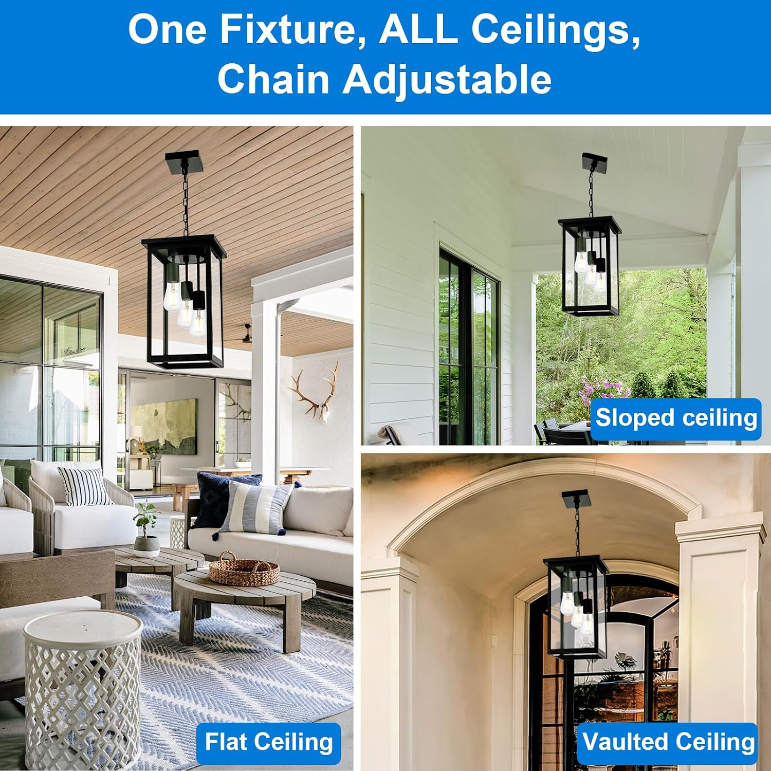 17'' Large Outdoor Pendant Light, 3-Lights Matte Black Exterior Hanging Lantern with Clear Glass, Outdoor Chandelier Ceiling Light Fixture for Porch, Patio, Gazebo, Entryway