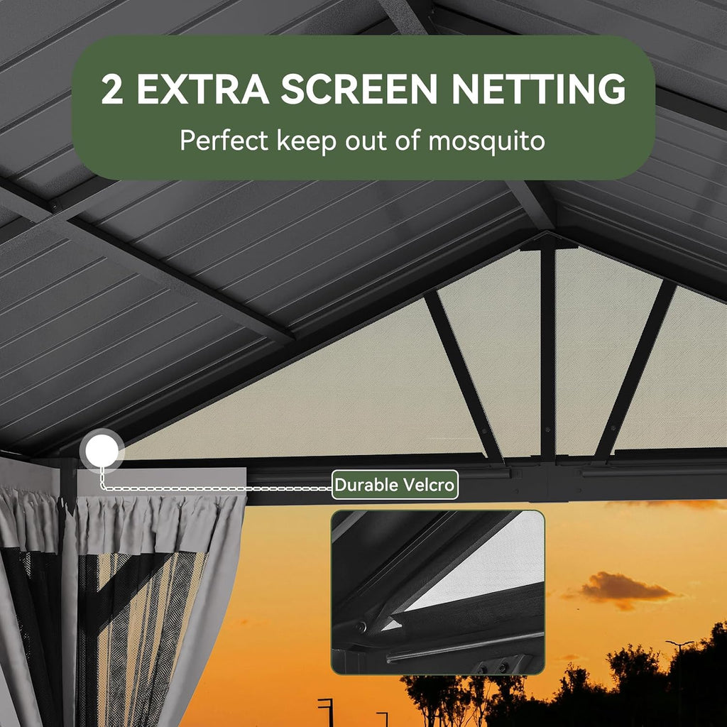Aoxun 10' x 12' Outdoor Aluminum Gazebo, Hardtop Gazebo Permanent Metal Pavilion with Galvanized Steel Gable Roof, for Patio, Garden, Backyard, Square Foundation