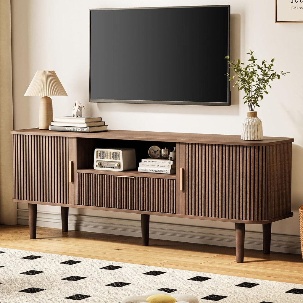 Fluted TV Stand for TVs Up to 60 Inch, 55' Mid-Century Entertainment Center with Sliding Doors&Drawer, Modern Media Console for Living Room, Walnut (55.1' L*15.7*W*23' H)
