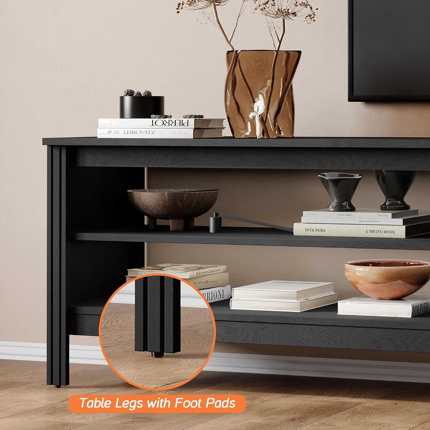 WAMPAT Modern TV Stand for 75 Inch TV, Entertainment Center for 55 60 65 70 inch TV Console Table with 4 Cubby Storage for Living Room Bedroom, Black