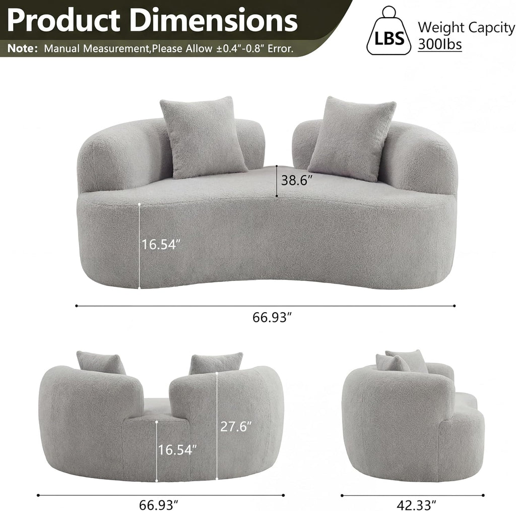 67' Curved Loveseat Sofa for Living Room, Curved Deep Seat Cloud Loveseat with 2 Throw Pillows, Teddy Fabric Modern Loveseat for Small Spaces, Grey Loveseat, No Assembly Required