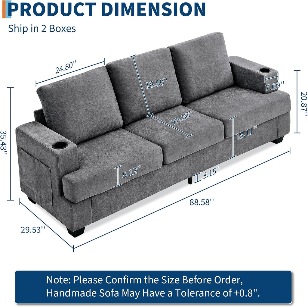 89' Chenille 3-Seater Sofa with Cup Holders and Side Storage Pockets, Modern Sofa for Living Room, Deep Seat Couches for Apartment Lounge, Grey