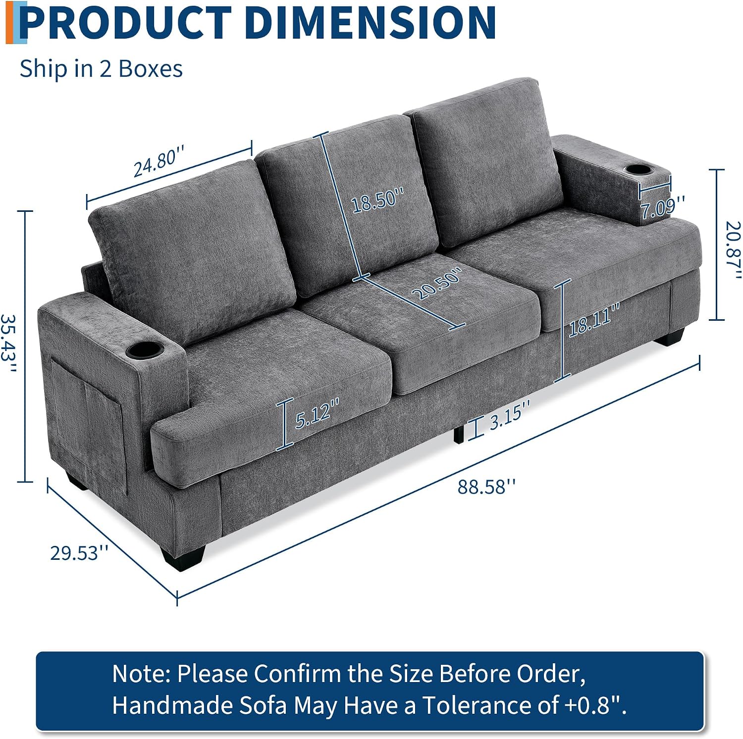 89' Chenille 3-Seater Sofa with Cup Holders and Side Storage Pockets, Modern Sofa for Living Room, Deep Seat Couches for Apartment Lounge, Grey