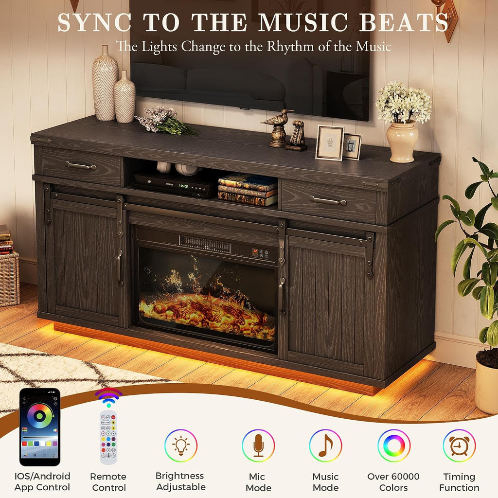 Fireplace TV Stand for TVs up to 65', Electric Fireplace with 3D Flame, Farmhouse LED Light Entertainment Center with Sliding Barn Door, Media Console with Storage Cabinets for Living Room (Black)