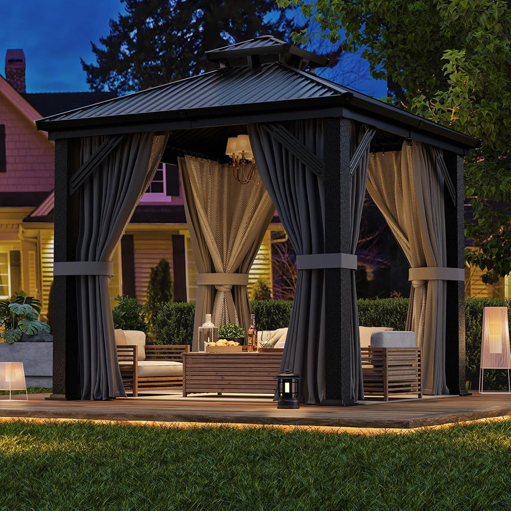 WKM 8x8 FT Hardtop Gazebo, Permanent Aluminum Gazebo with Galvanized Steel Double Roof, Outdoor Patio Pergola with Curtains and Breathable Netting for Garden, Lawn, Deck, Party