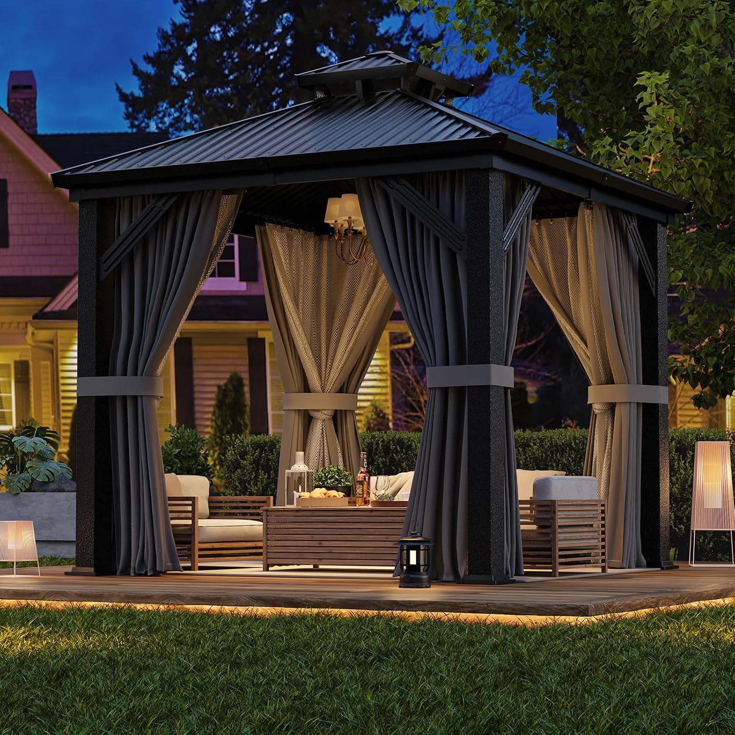 WKM 8x8 FT Hardtop Gazebo, Permanent Aluminum Gazebo with Galvanized Steel Double Roof, Outdoor Patio Pergola with Curtains and Breathable Netting for Garden, Lawn, Deck, Party