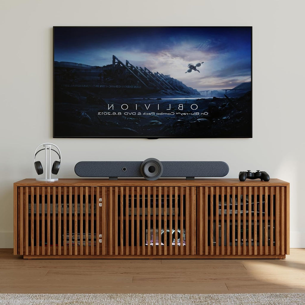 POVISON Full Assembled Mid Century Modern TV Stand, 59.06' Wood Slatted Media Console for 55 inch TV, Entertainment Center with Storage for Living Room, Low Cabinet with Removable Shelves