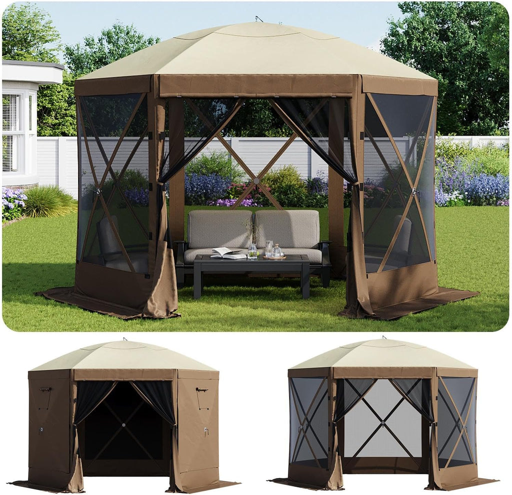 Aoxun 10x10FT Pop Up Canopy Tent, 6-Sided Pop-up Gazebo Screen Tent with Mesh Windows, Outdoor Canopy Shelter Tent with Carrying Bag, Large Shade Tents for Camping, Backyard, Patio, Lawn, Brown