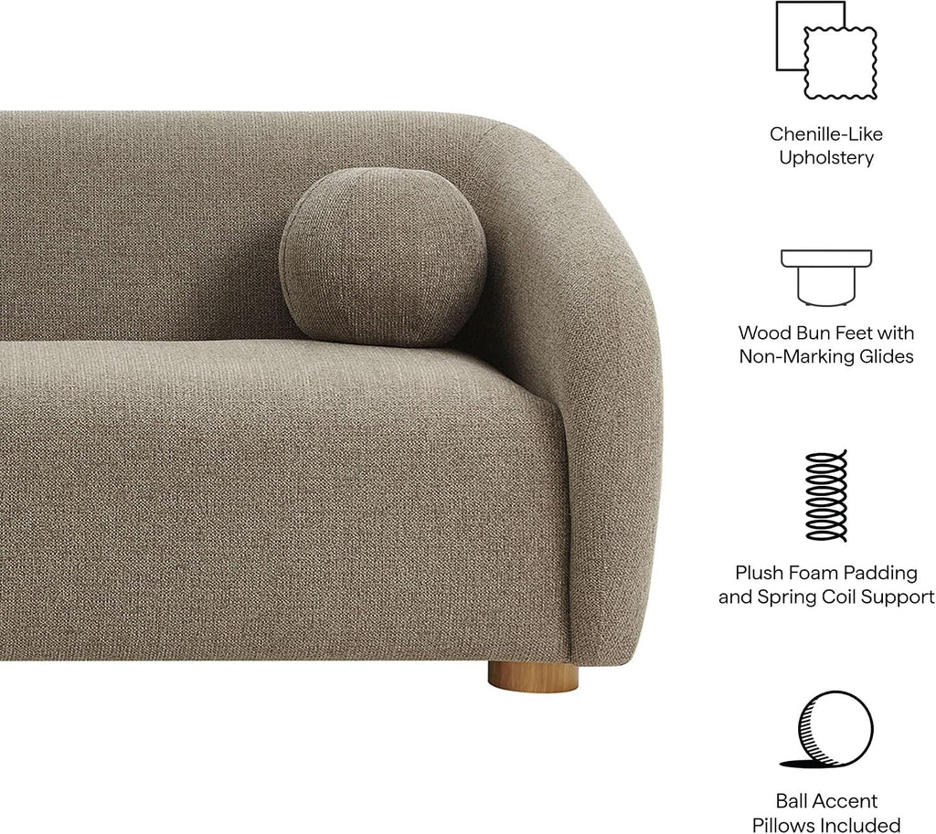 Modway Holland 85 Inch Minimalist Curved Back Sofa in Taupe – Chenille Fabric Sofa with Ball Throw Pillows and Wood Feet – Modern 3-Seater Couch for Living Room