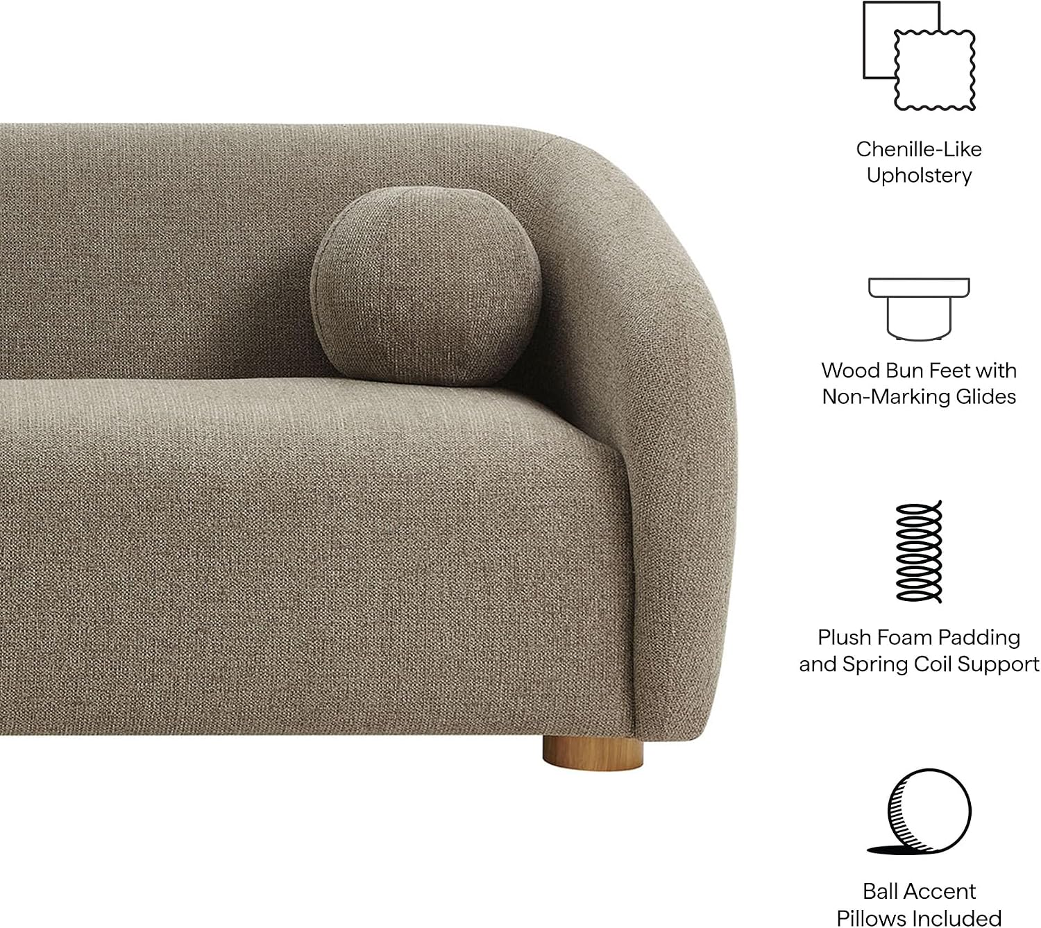 Modway Holland 85 Inch Minimalist Curved Back Sofa in Taupe – Chenille Fabric Sofa with Ball Throw Pillows and Wood Feet – Modern 3-Seater Couch for Living Room