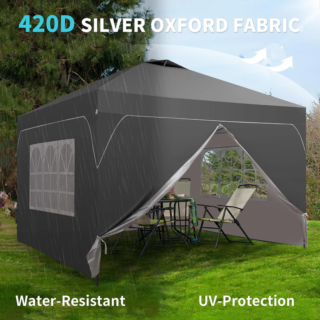10x10 Pop Up Canopy Tent with One Push Setup, Portable Sun Shade Tent, Instant Easy Up Canopy with 4-Sidewalls & Hand Bag, Outdoor Fldable Gazebo with Vent Top, Grey.