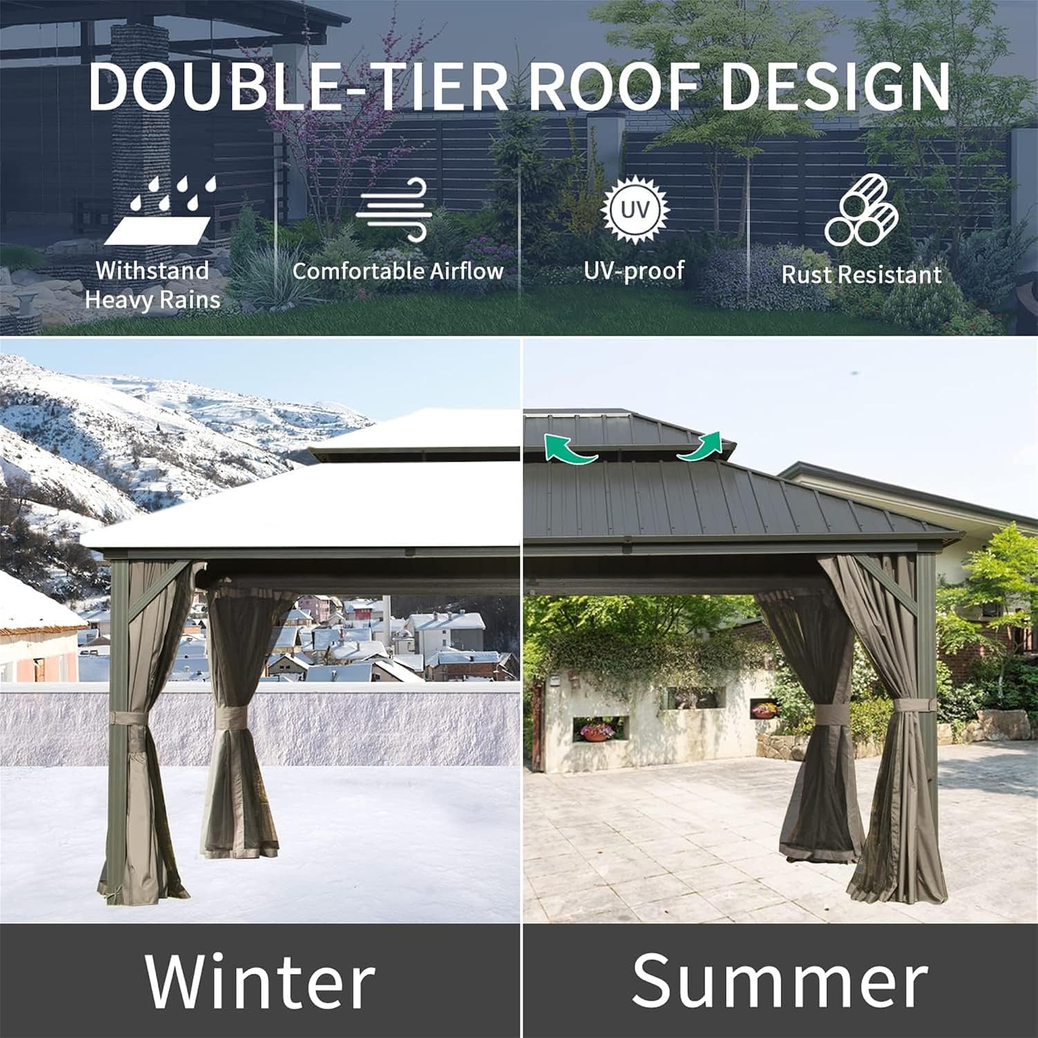 12' X 14' Hardtop Gazebo, Aluminum Metal Gazebo with Galvanized Steel Double Roof Canopy, Curtain and Netting, Pent Gazebo Pavilion for Patio, Backyard, Deck, Lawn