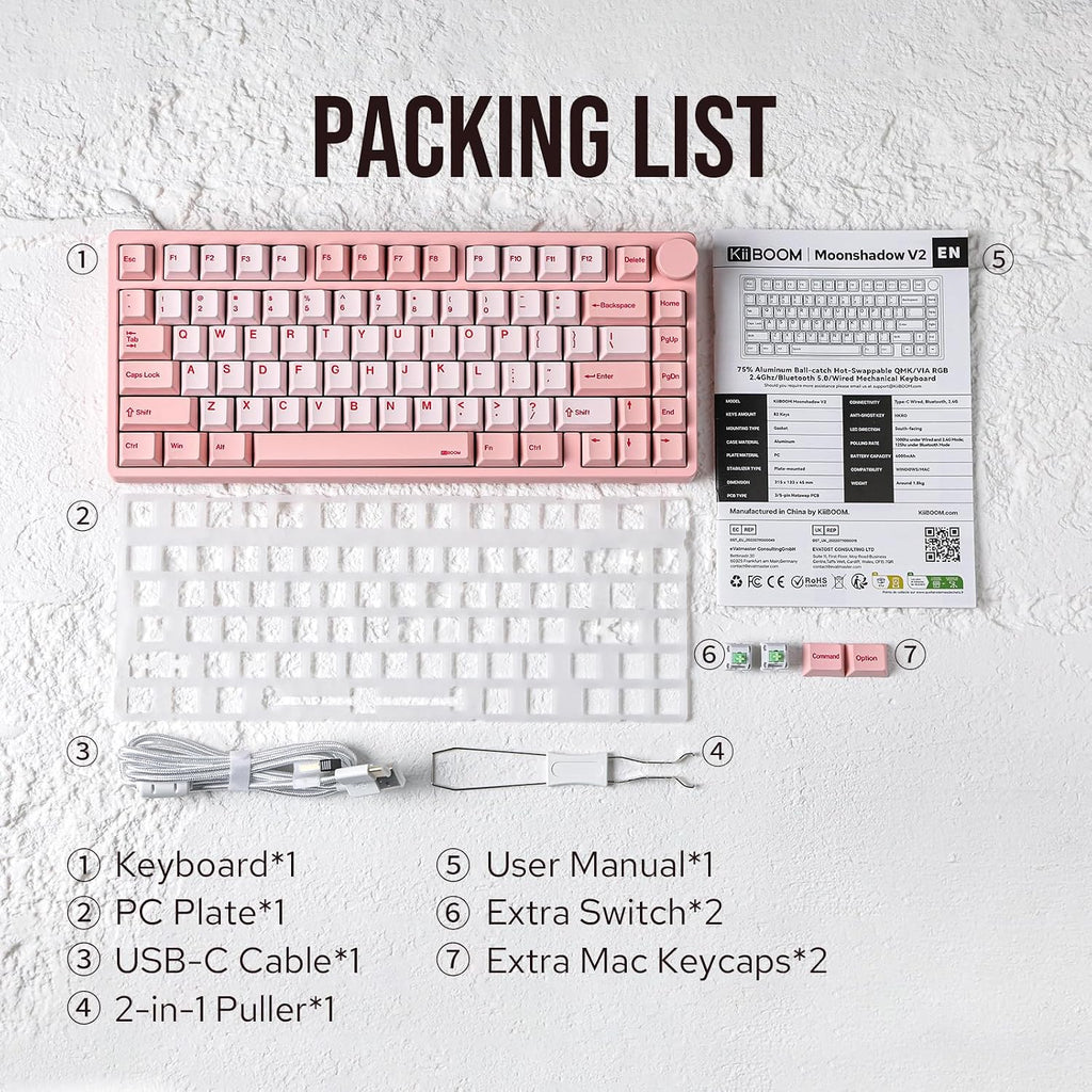 KiiBoom Moonshadow V2 75% Wireless Aluminum Gaming Keyboard, QMK&VIA Programmable, BT5.0/2.4GHz/USB-C, Hot-Swappable Creamy Mechanical Keyboard with FR4 Plate, Knob, 4000mAh Battery (Pink)
