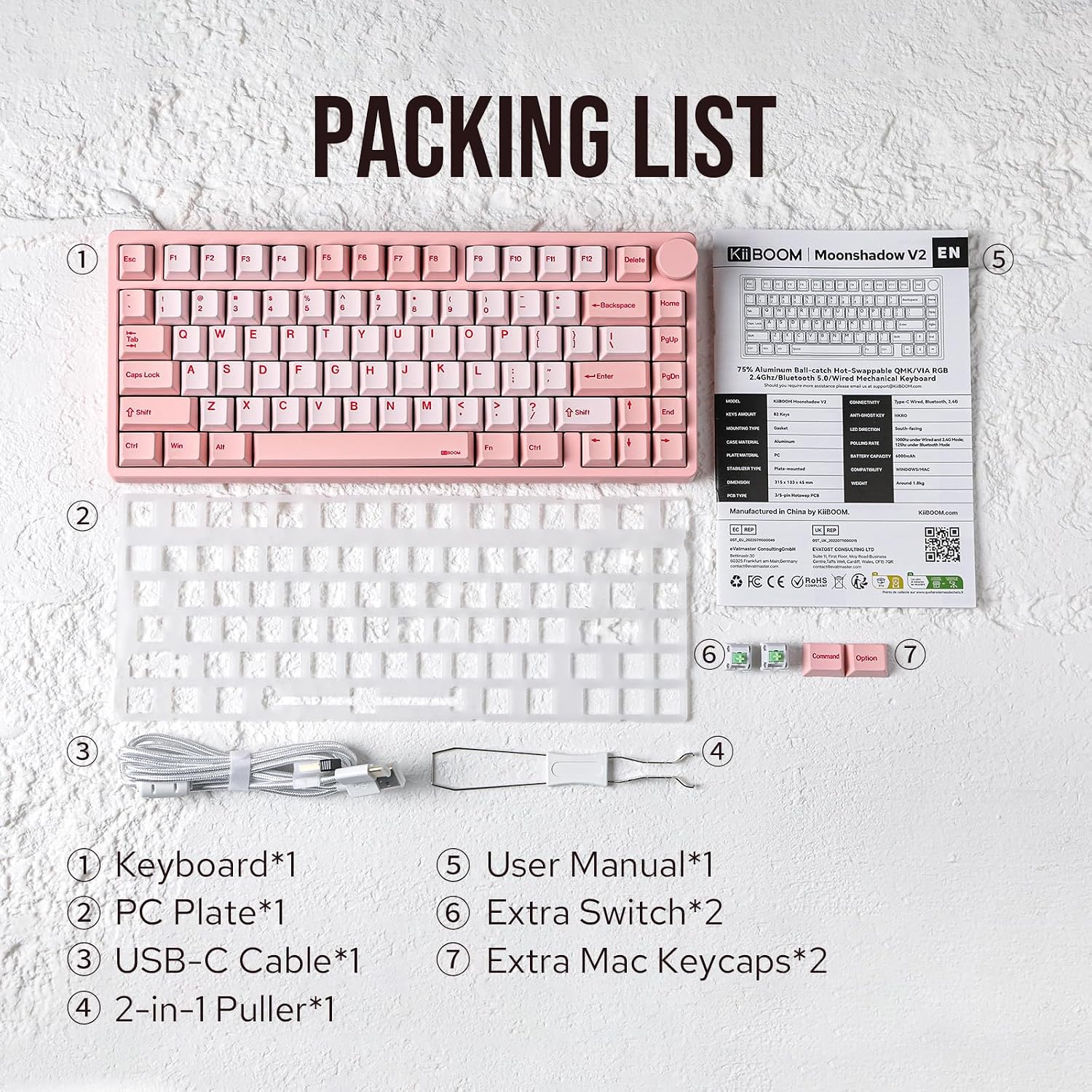 KiiBoom Moonshadow V2 75% Wireless Aluminum Gaming Keyboard, QMK&VIA Programmable, BT5.0/2.4GHz/USB-C, Hot-Swappable Creamy Mechanical Keyboard with FR4 Plate, Knob, 4000mAh Battery (Pink)