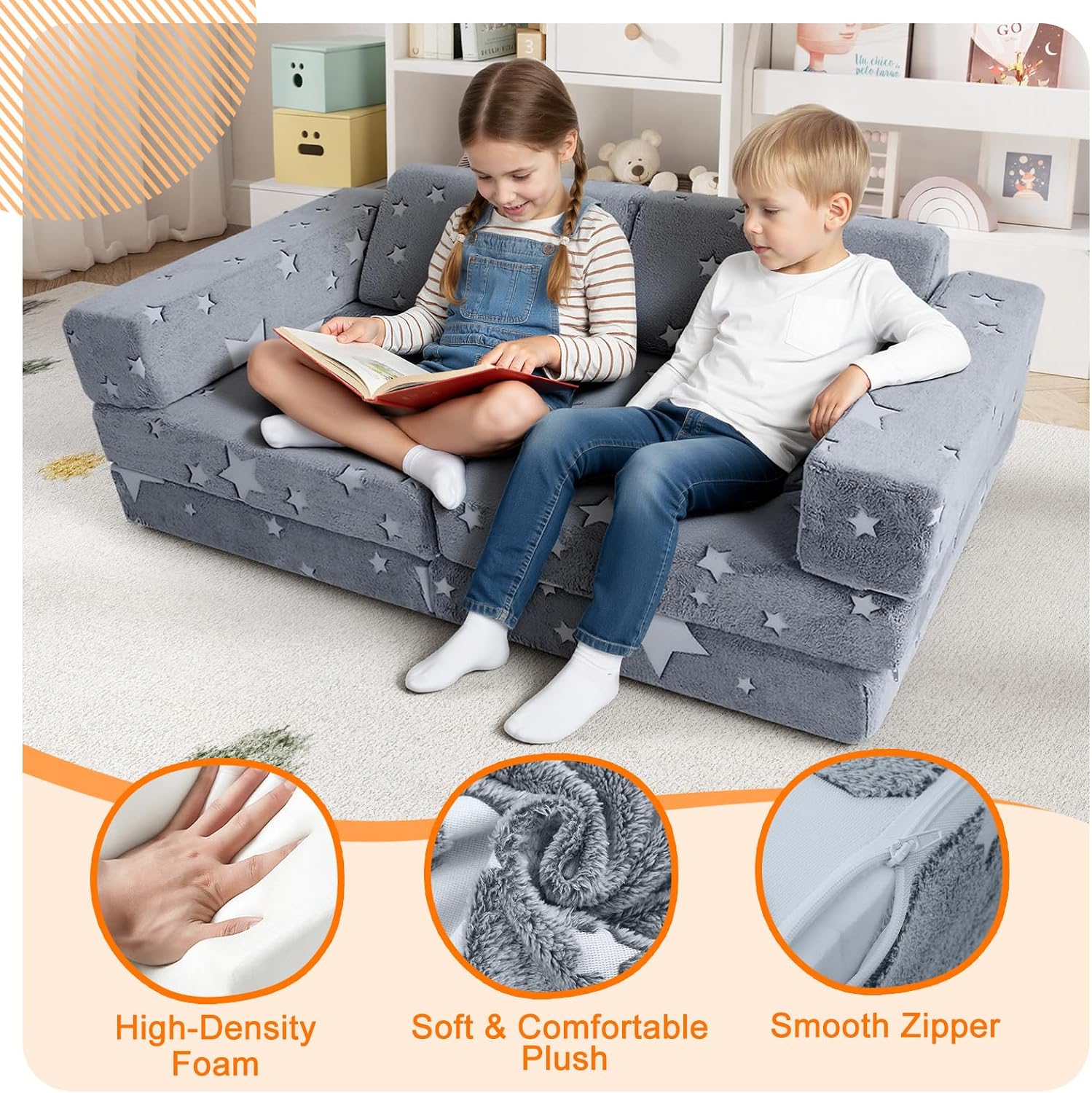 MeMoreCool Kids Modular Play Couch – 10-Piece Glow-in-the-Dark Foam Set Convertible Toddler Sofa | Fold-Out Bed for Boys & Girls | Sensory Fort Building Fun