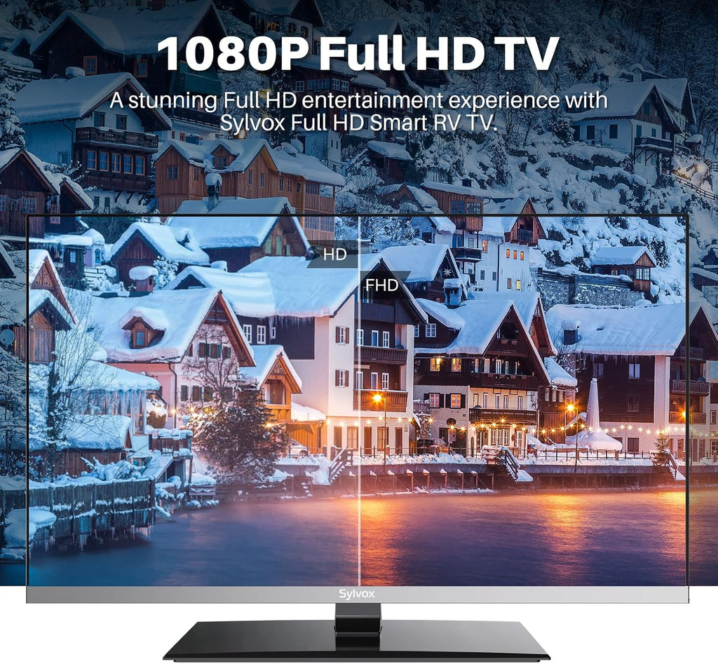 SYLVOX 32-inch 12V TV with Built-in DVD Player, Smart TVfor RVs & Campers, 1080P FHD, Google OS, WiFi & Bluetooth, 2 HDMI, 2 USB, AC/DC Powerd, Frameless Design