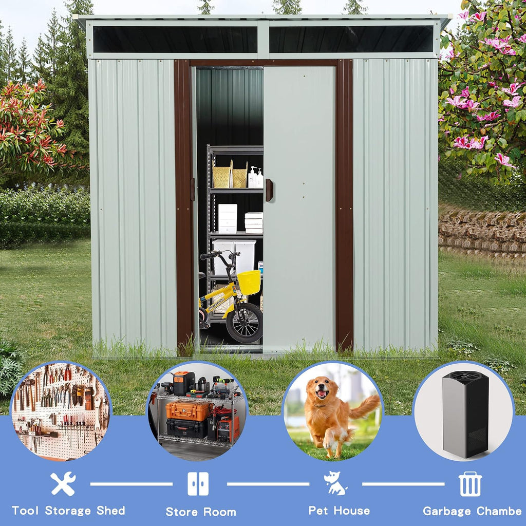 YOPTO 6×5 FT Outdoor Metal Storage Shed with 4 Integrated Punched Vents,Heavy Duty Outdoor Storage House W/Padlock and Sliding Doors,Waterpoof Resistance,Tool Sheds for Backyard Garden,Patio,White