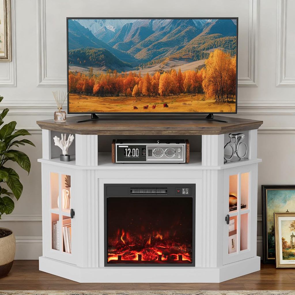 Furmax Fireplace Corner TV Stand for Up to 55 Inch, Modern Console with 18 Inch Electric Fireplace, Entertainment Center with Open Shelf and Storage Cabinets for Living Room (LED Antique White)