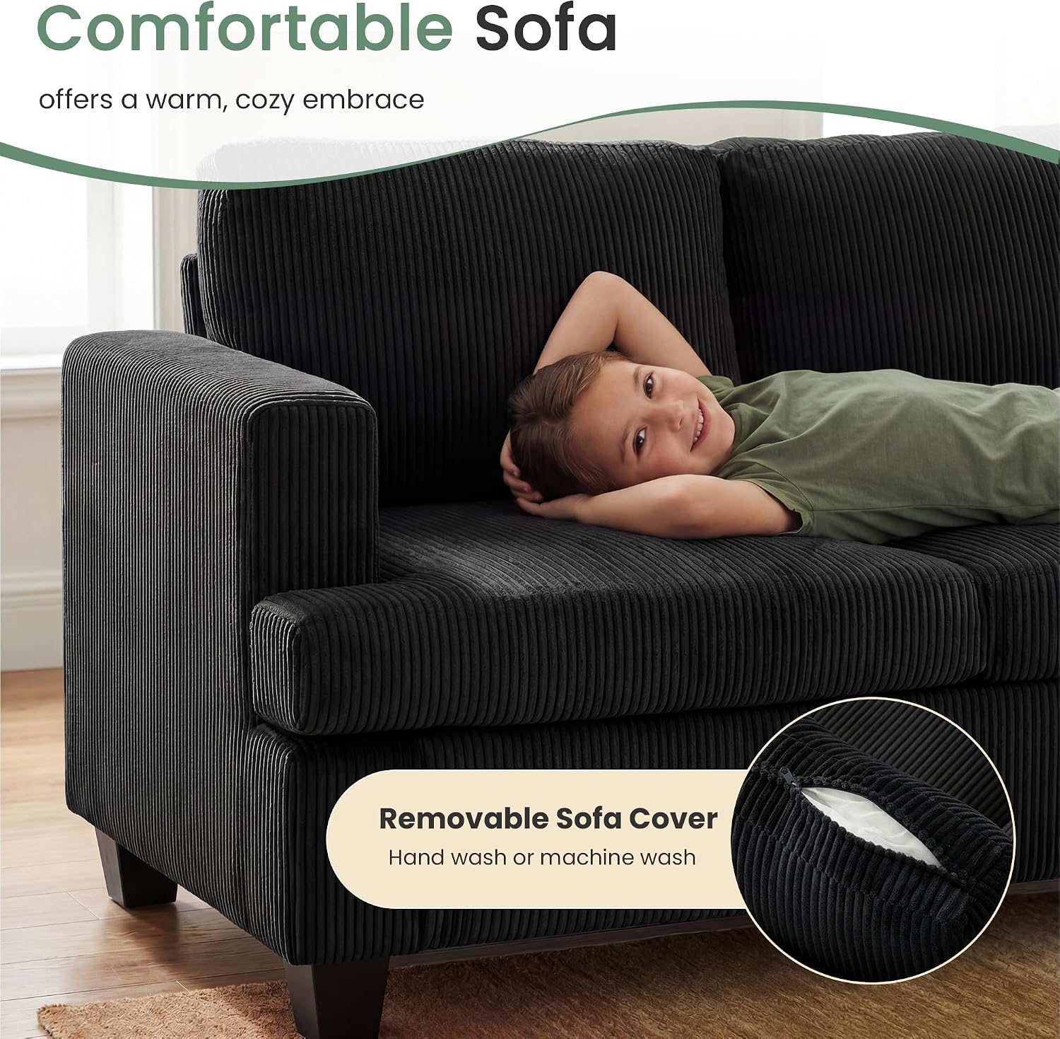 YOUDENOVA 63' Corduroy Loveseat Sofa Couch for Living Room, Small Couch with Deep Seat for Bedroom, Comfy Could Loveseat for Small Living Room, Black Corduroy