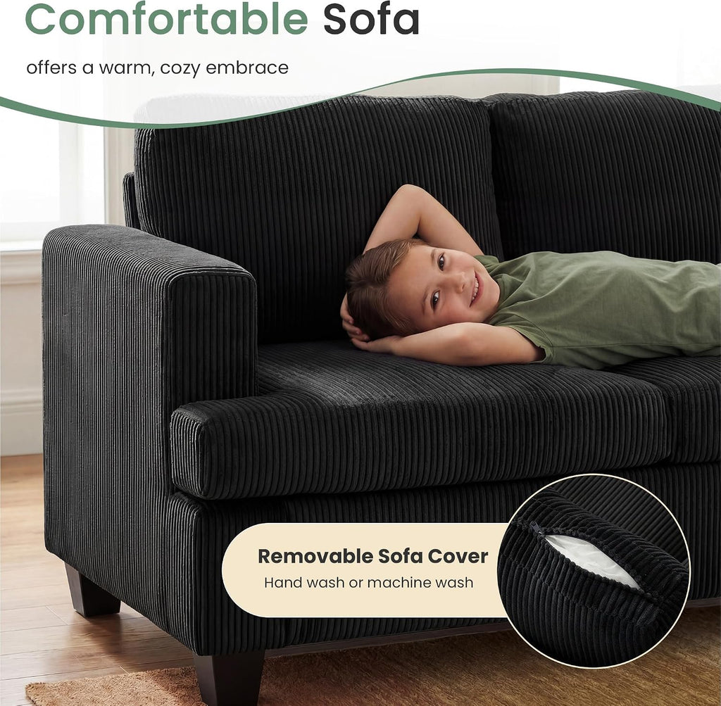 2 Pieces Corduroy Couch Set for Living Room, Black Cloud Sofa, Deep Seat Floor Couch for Bedroom, Futon Modern Sofa Sectional Bed, Black Corduroy