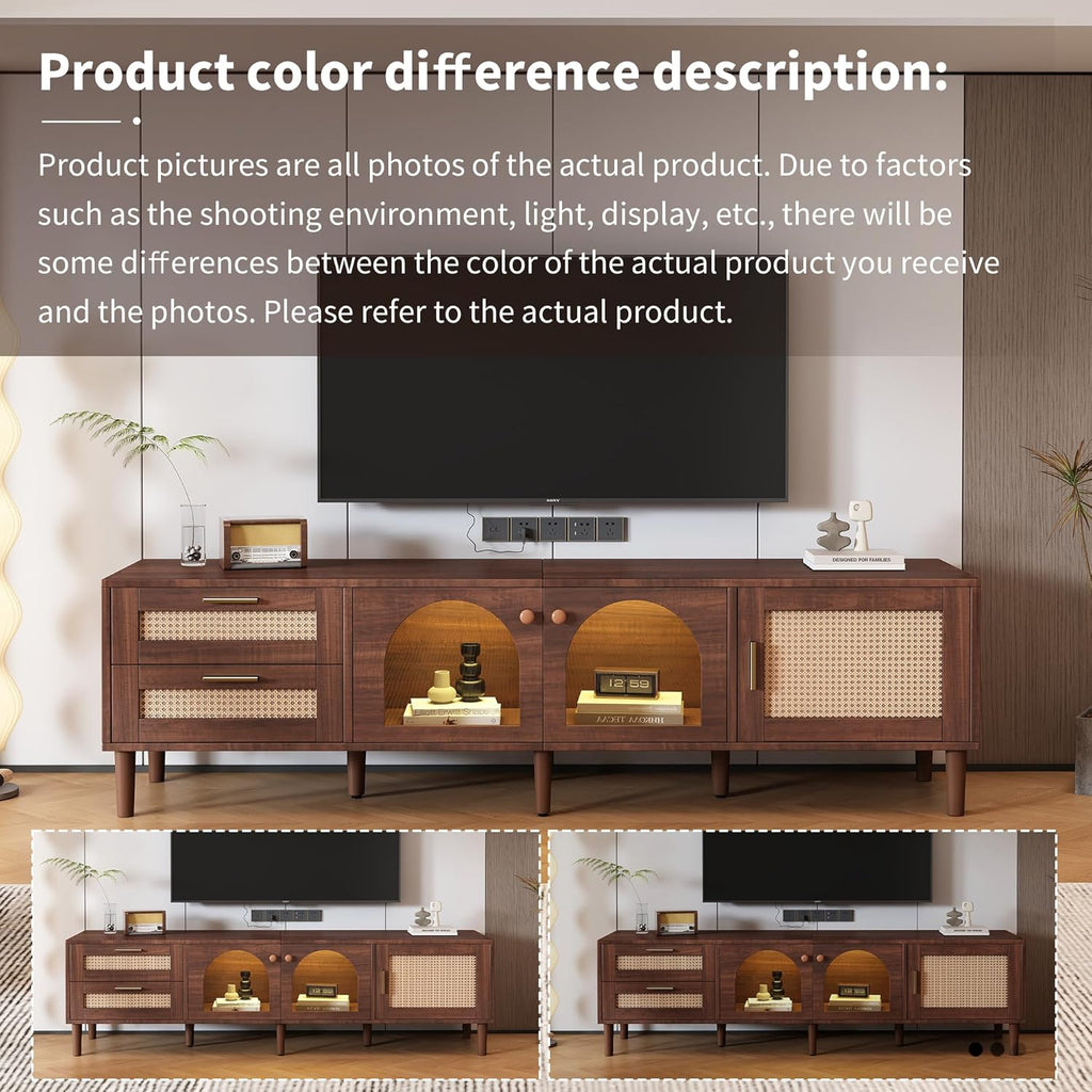 Merax Rattan TV Stand with LED Lights, 70' Entertainment Center with 3 Cabinets & 2 Drawers Media Console Table for TVs Up to 80', Solid Wood Feet, Living Room, Bedroom Furniture