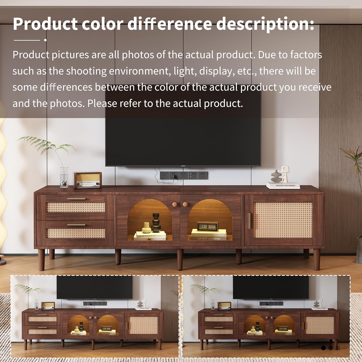 Merax Rattan TV Stand with LED Lights, 70' Entertainment Center with 3 Cabinets & 2 Drawers Media Console Table for TVs Up to 80', Solid Wood Feet, Living Room, Bedroom Furniture