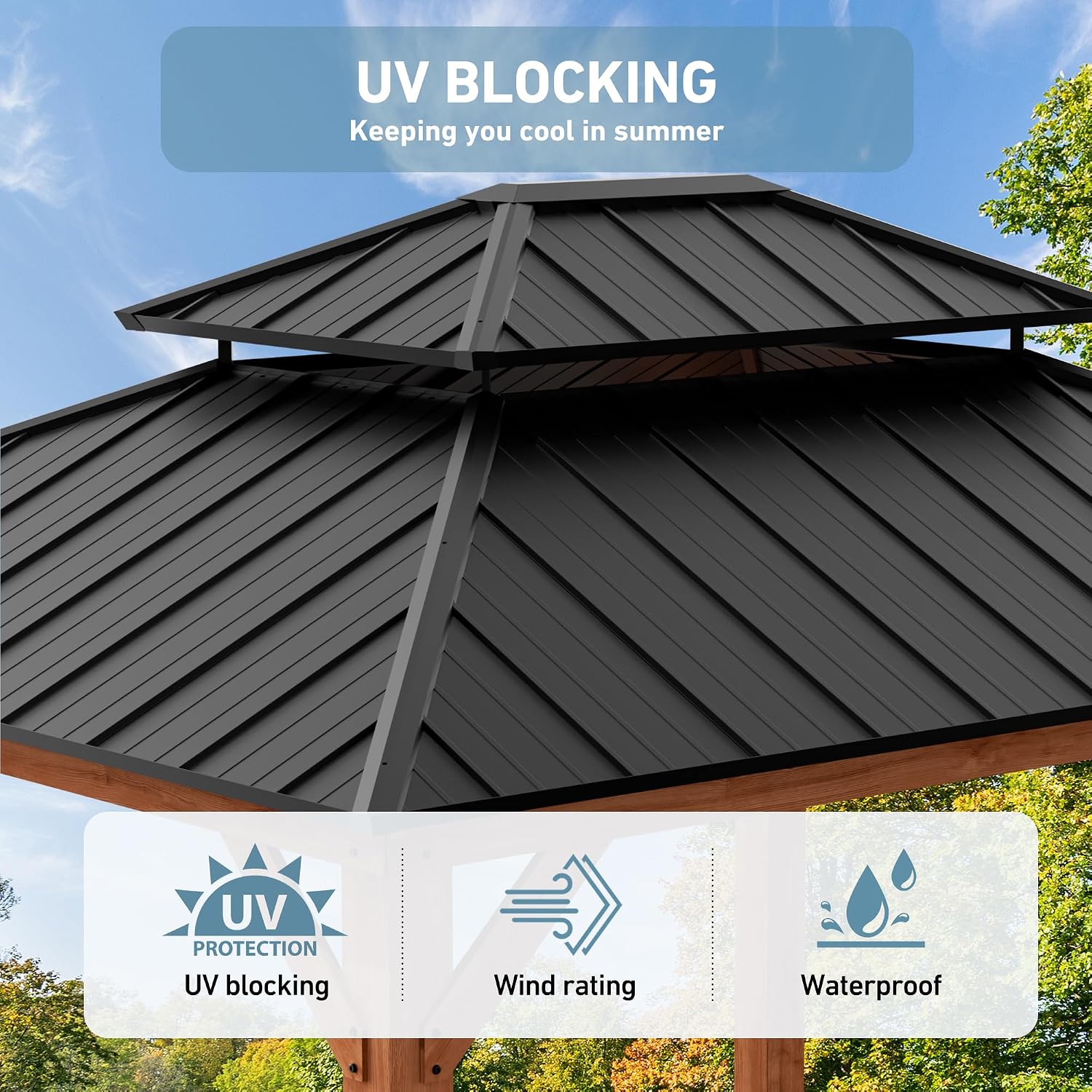 Big Leaf Wood Gazebo 13'x15', Cedar Frame Hardtop Gazebo with Double Galvanized Steel Roof & Grill Shelter, Mosquito Netting and Curtains, Sturdy Hook Design for Outdoor Patio, Deck, Garden