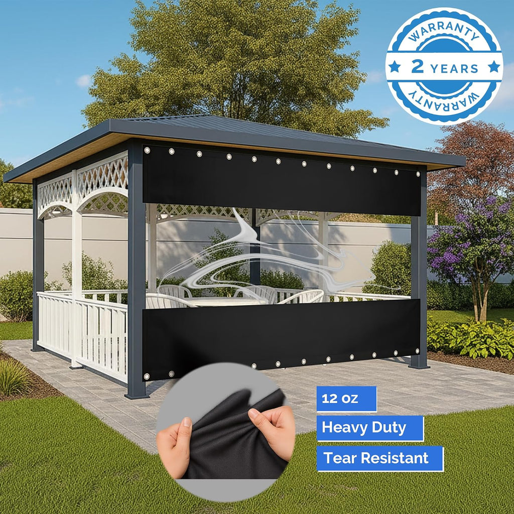 Covers & All Vinyl Outdoor Curtains for Patio Waterproof – 12 oz Outdoor Clear Panel Curtains, Gazebo Curtains with Brass Grommets for Pergola, Porch & Patio Walls for Winter (8 x 12 ft, Black)