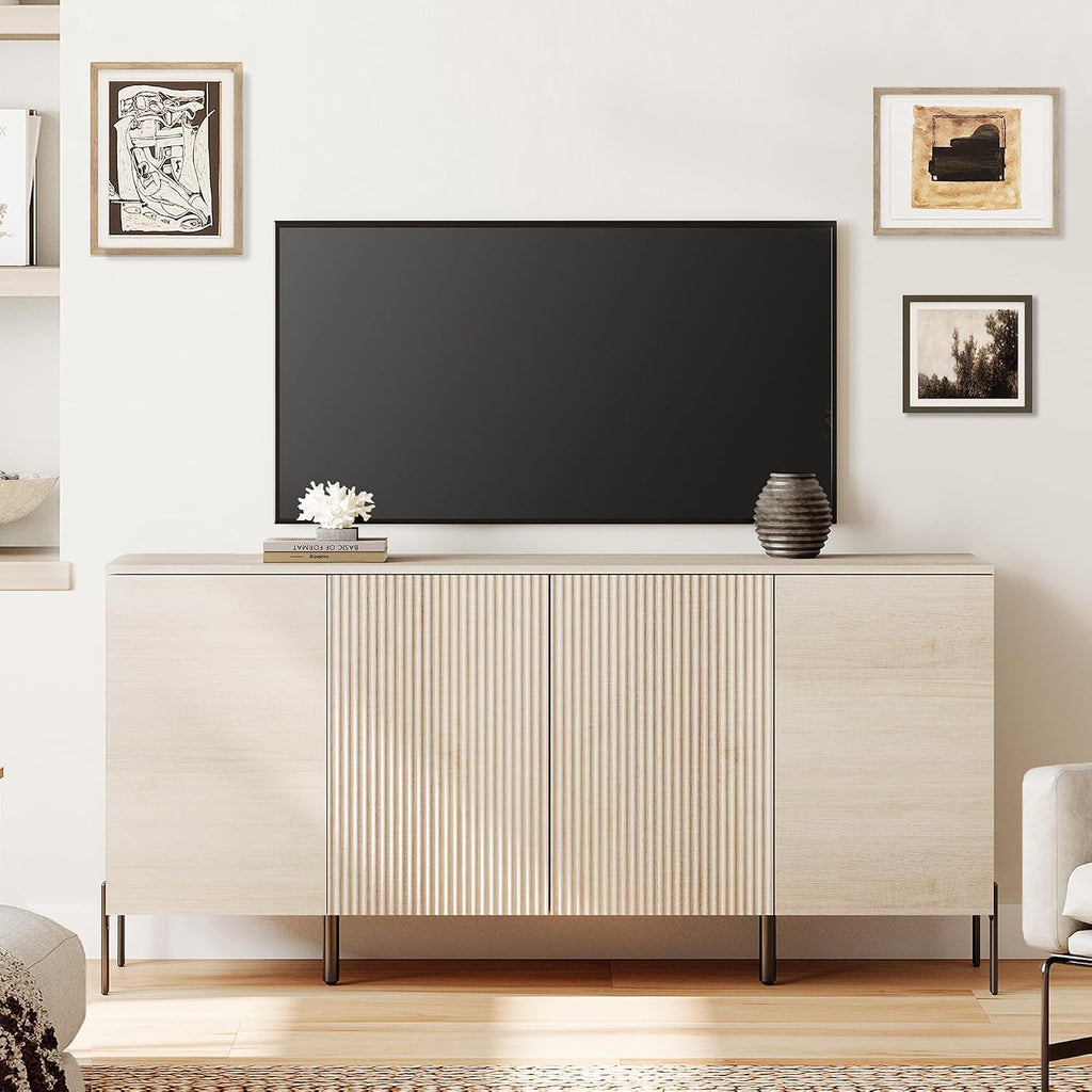 WAMPAT 61.6' TV Stand Cabinets for TVs up to 70 Inches, Entertainment Center with Storage Cabinets and 4 Doors, Mid Century Modern Media TV Console Table for Living Room Bedroom,Beige