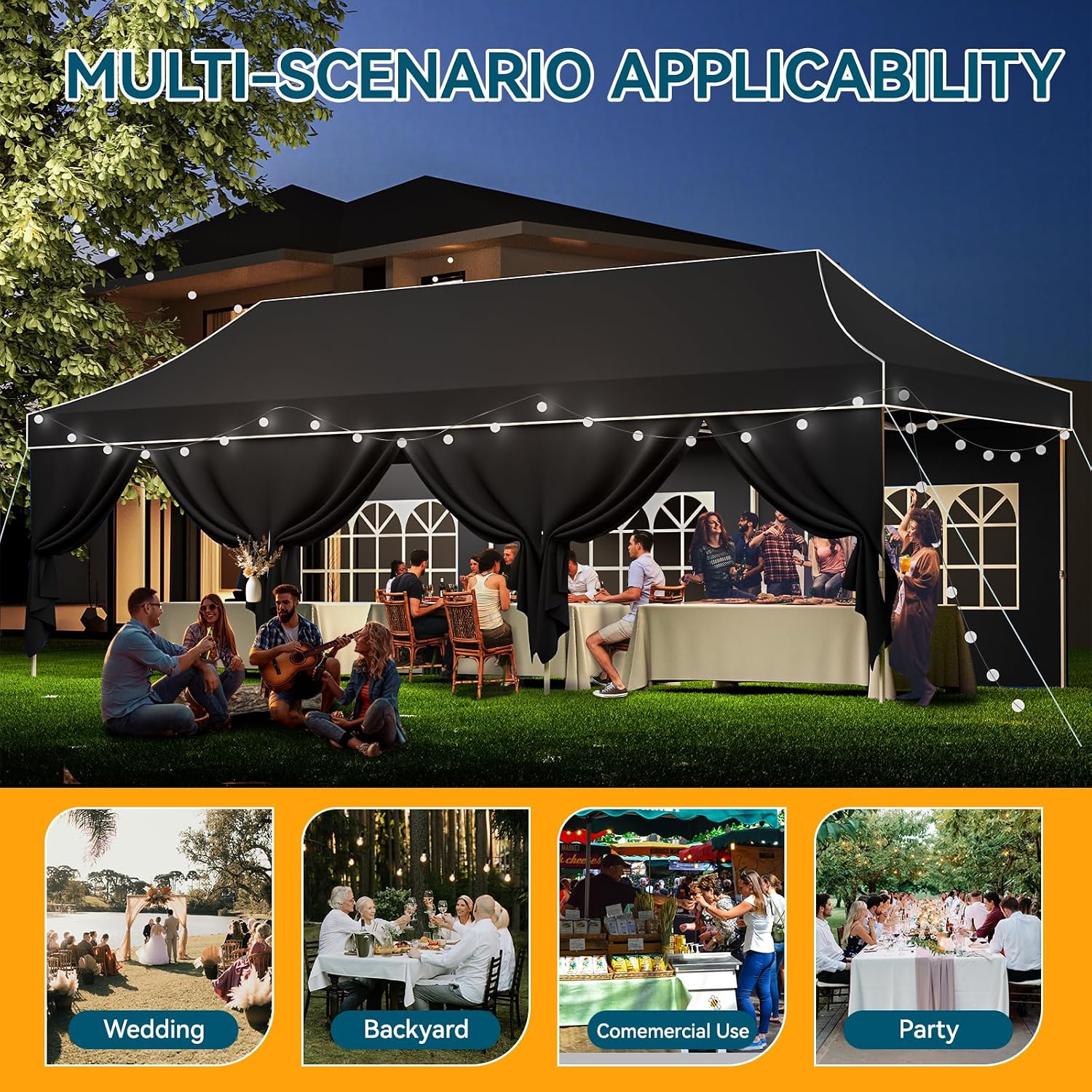 Hoteel 10x30 Pop Up Canopy Tent Heavy Duty with 8 Sidewalls, Waterproof Party Tent, Easy Set-up Commercial Instant Tents with Hand Bag, Rope & Nail, Hexagonal Leg, Black (1-Year Warranty)